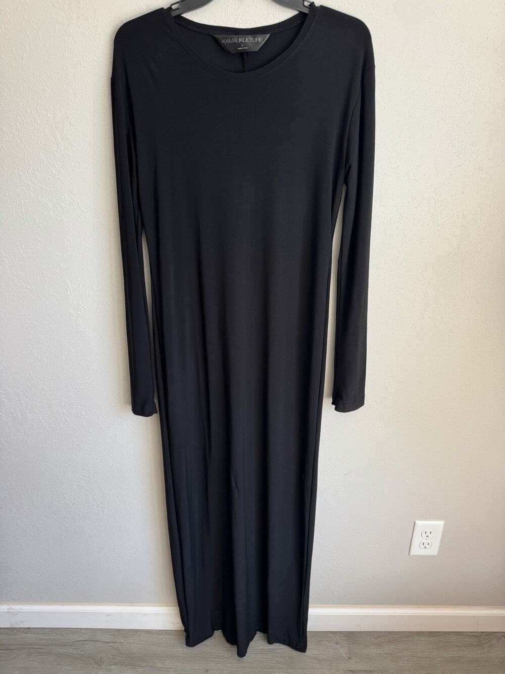 Kamali Kulture Black Slinky Long Sleeve Full Length Maxi Dress Womens L Classic